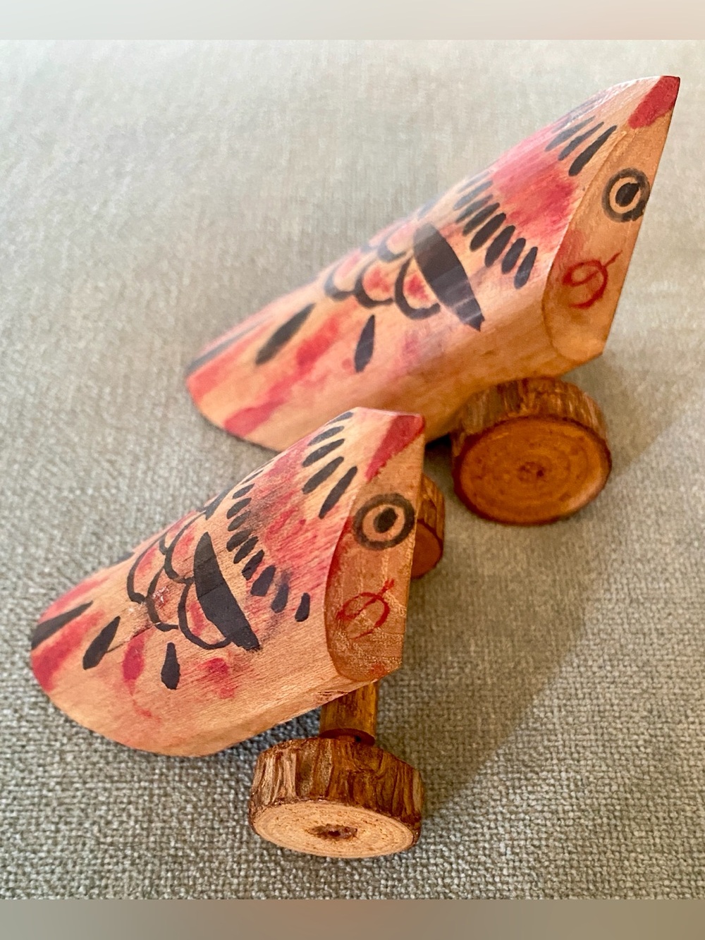 Vintage Japanese Uzuraguruma Pair Mitsuba Kogei Wheeled Quail Folk Art Toy Wood